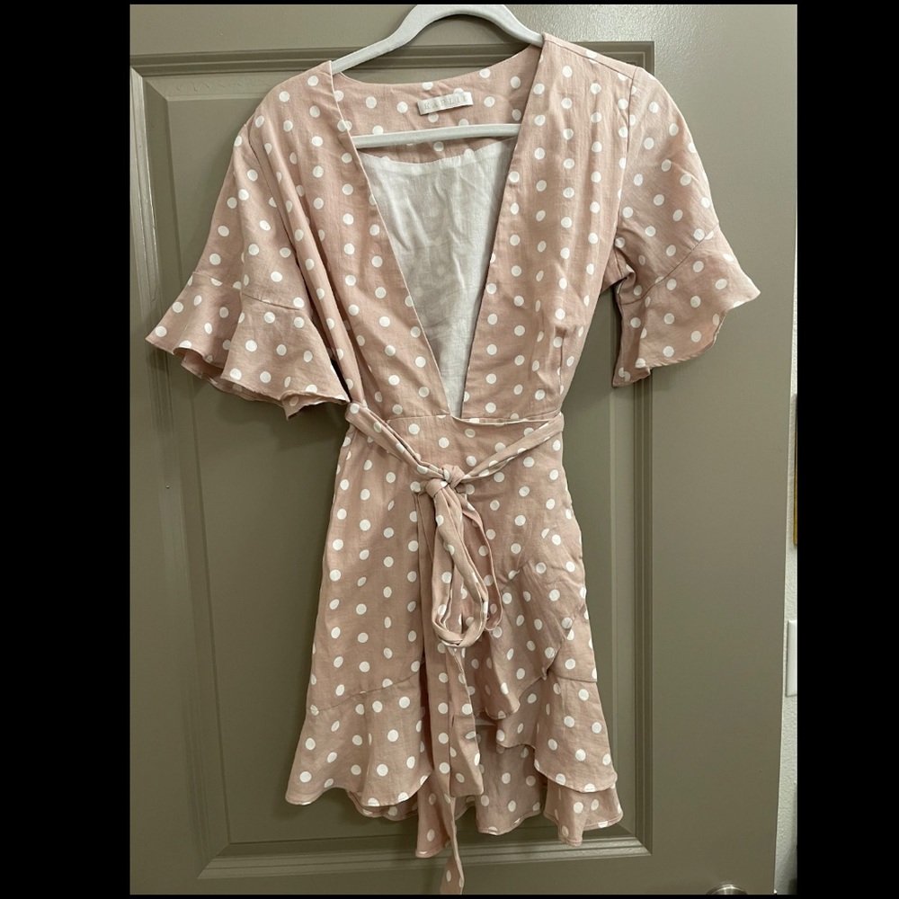Beige & White Polka Dot Wrap Dress